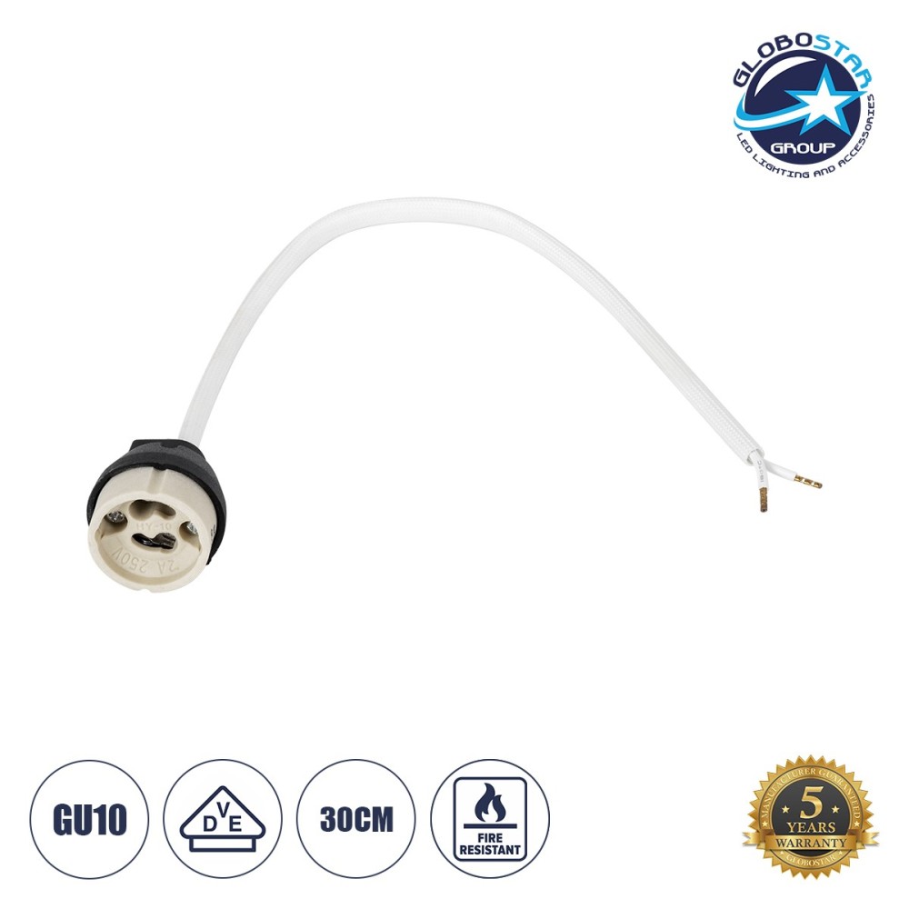 GloboStar® LAMPHOLDER 60499 Ντουί GU10 Πορσελάνης με 30cm VDE Καλώδιο & Anti-Fire Protection High Resistance Tube - ᐊVDEᐅ Certified - IP20 - Φ3.5 x Μ32cm - 5 Years Warranty