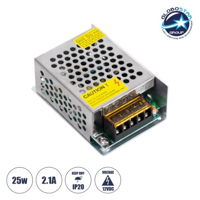 GLOBOSTAR® LUMIVOLT 73032 Τροφοδοτικό-Μετασχηματιστής PELV 25W 2.1A DC 12V IP20 - AC 220-240V σε DC 12V - Ρυθμιζόμενo από DC 10.8V έως DC 13.2V - Μ8.7 x Π5.8 x Υ3.4cm - 3 Χρόνια Εγγύηση