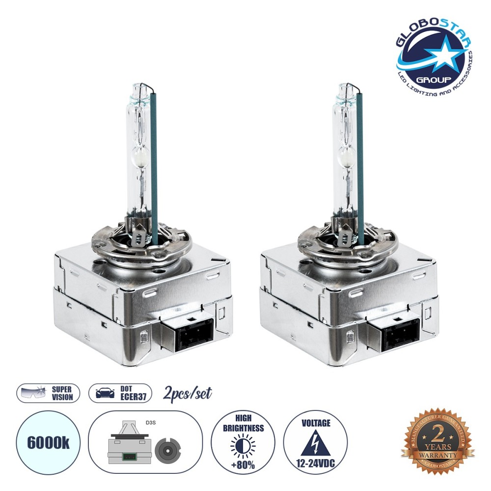 GLOBOSTAR® HID 84044 Λάμπα Xenon D3S Super Vision Υψηλής Φωτεινότητας +80% CANbus DOT ECER37 55W-110W 5000lm-10000lm 360° DC 12-24V Αδιάβροχο IP65 Ψυχρό Λευκό 6000K - Μ4 x Π5 x Υ8cm - Πακέτο 2 Τεμαχίων - 2 Χρόνια Εγγύηση