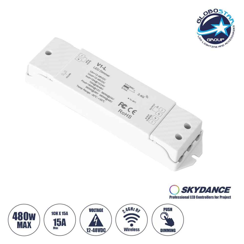 GLOBOSTAR® SKYDANCE-V1-L 71568 DC RF 2.4Ghz & Push Dimmer - Controller με 1 x 15A 480W Κανάλι DC 12-48V 15A 480W Max IP20 - RF 2.4Ghz & Push Dimming - Μ17.5 x Π4.5 x Υ2.5cm - 5 Χρόνια Εγγύηση