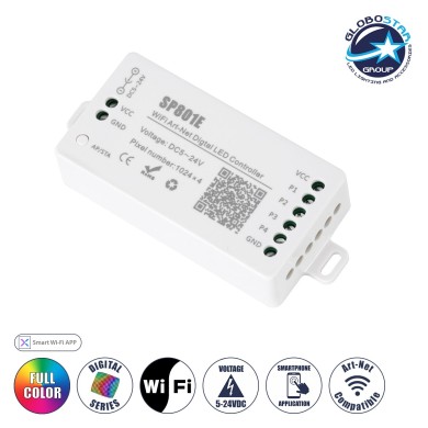 GloboStar® 73415 SP801E Ασύρματος WiFi Art-Net LED FULL COLOR Magic Digital Pixel Controller iOS-Android για LED Digital Πολύχρωμα και Μονόχρωμα Προϊόντα DC 5-24V 4 x 1024 IC Max
