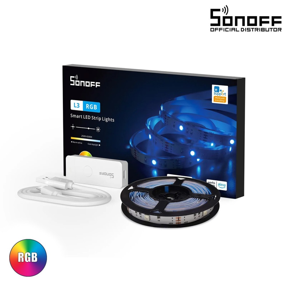 GloboStar® 80098 SONOFF L3-5M RGB Smart LED Strip Light WiFi 2.4GHz 90 SMD-5M 5050 5m Roll & Power Adapter DC 5V Max 10W