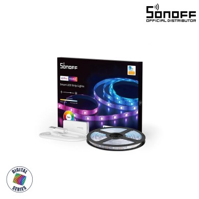 GloboStar® 80099 SONOFF L3-5M-PRO RGBIC Digital IC RGB Smart LED Strip Light WiFi 2.4GHz 90 SMD-M 5050 5m Roll & Power Adapter DC 5V Max 10W