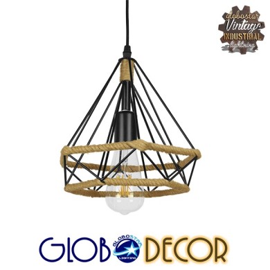 GLOBOSTAR® FLUTED 01421 Vintage Κρεμαστό Φωτιστικό Οροφής με Ντουί 1 x E27 AC 220-240V IP20 - Μαύρο & Μπεζ - Μ25 x Π25 x Y24cm