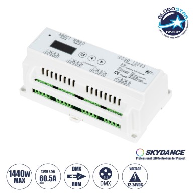 GloboStar® 71449 D12 SKYDANCE DC DMX & RDM Dimmer Din Rail Ράγας High Speed Controller - Decoder - Master 12 Καναλιών DC 12-24V 12 x 5A 120W - Max 60.5A 1440W - IP20 Μ15.5 x Π9 x Υ6cm - 5 Years Warranty