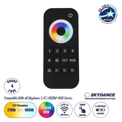GLOBOSTAR® SKYDANCE-RT10 71544 RF Ασύρματο Χειριστήριο Αφής 4 Group για όλα τα Πολύχρωμα RGBW+WW SKYDANCE Controller - DC 3V 2 x AAA IP20 - RF2.4Ghz - Μ12.2 x Π5.3 x Υ1.7cm - 5 Χρόνια Εγγύηση