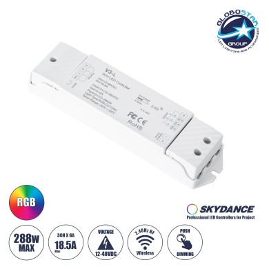 GloboStar® 71547 V3-L SKYDANCE DC RF 2.4Ghz Dimmer High Speed Controller & Push Dimming 3 Κανάλια DC 12-48V 3 x 6A 288W - Max 18.5A 288W - IP20 Μ17.5 x Π4.5 x Υ2.5cm - 5 Years Warranty