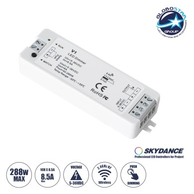 GLOBOSTAR® SKYDANCE-V1 71567 DC RF 2.4Ghz & Push Dimmer - Controller με 1 x 8A 288W Κανάλι DC 5-36V 8A 288W Max IP20 - RF 2.4Ghz & Push Dimming - Μ10 x Π3.5 x Υ2cm - 5 Χρόνια Εγγύηση