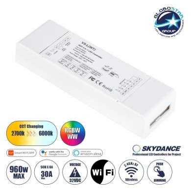 GLOBOSTAR® SKYDANCE-V5-L(WT) 71470 DC WiFi & RF 2.4Ghz & Push Dimmer - Controller με 5 x 6A 288W Κανάλια DC 12-48V 30A 1440W Max IP20 - WiFI & RF 2.4Ghz & Push Dimming - Μ18 x Π5.7 x Υ2.8cm - 5 Χρόνια Εγγύηση