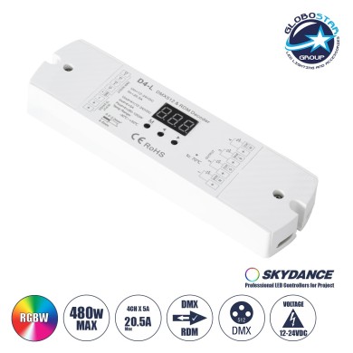 GloboStar® 70668 D4-L SKYDANCE DC DMX & RDM Dimmer High Speed Controller - Decoder 4 Καναλιών DC 12-24V 4 x 5A 120W - Max 20.5A 480W - IP20 Μ17 x Π5 x Υ2.5cm - 5 Years Warranty