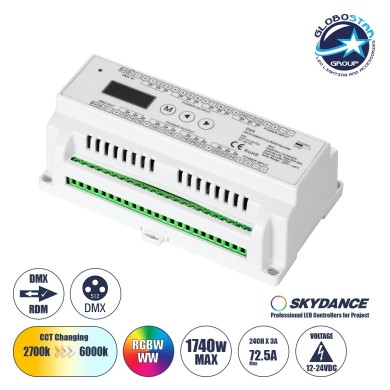 GloboStar® 71450 D24 SKYDANCE DC DMX & RDM Dimmer Din Rail Ράγας High Speed Controller - Decoder 24 Καναλιών DC 12-24V 24 x 3A 72W - Max 72.5A 1740W - IP20 Μ16 x Π9 x Υ6cm - 5 Years Warranty