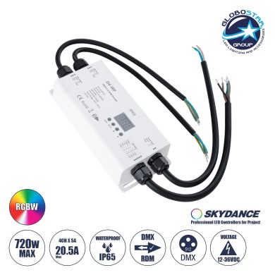 GloboStar® 71571-IP65 D4-WP SKYDANCE DC DMX & RDM Dimmer High Speed Controller - Decoder 4 Καναλιών DC 12-36V 4 x 5A 180W - Max 20.5A 720W - Αδιάβροχος IP65 Μ17 x Π8 x Υ4cm - 5 Years Warranty