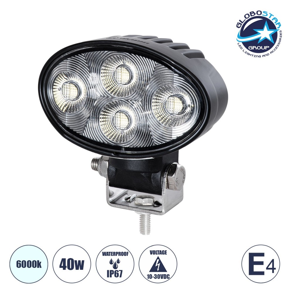 GloboStar® 85336 E4 Mark Vehicle & Forklift Work Lights - Φώτα Εργασίας για Οχήματα Περονοφόρα - Κλάρκ LED 40W DC 10-30V Αδιάβροχο IP67 Ψυχρό Λευκό 6000K Μ10 x Π6 x Υ9cm