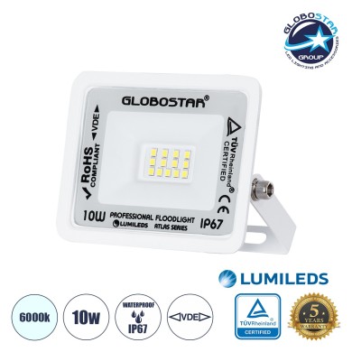 GLOBOSTAR® ATLAS 61404 Προβολέας LED 10W 1250lm 120° AC 220-240V Αδιάβροχο IP67 Ψυχρό Λευκό 6000K - Lumileds SMD Chip - TÜV Rheinland Certified - Λευκό Ματ - Μ10 x Π2 x Υ8cm - 5 Χρόνια Εγγύηση