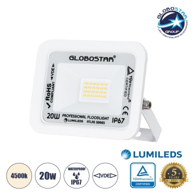 GLOBOSTAR® ATLAS 61408 Προβολέας LED 20W 2400lm 120° AC 220-240V Αδιάβροχο IP67 Φυσικό Λευκό 4500K - Lumileds SMD Chip - TÜV Rheinland Certified - Λευκό Ματ - Μ12 x Π2.5 x Υ9.5cm - 5 Χρόνια Εγγύηση