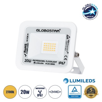 GLOBOSTAR® ATLAS 61409 Προβολέας LED 20W 2300lm 120° AC 220-240V Αδιάβροχο IP67 Θερμό Λευκό 2700K - Lumileds SMD Chip - TÜV Rheinland Certified - Λευκό Ματ - Μ12 x Π2.5 x Υ9.5cm - 5 Χρόνια Εγγύηση