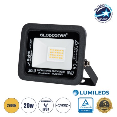 GLOBOSTAR® ATLAS 61412 Προβολέας LED 20W 2300lm 120° AC 220-240V Αδιάβροχο IP67 Θερμό Λευκό Ματ 2700K - Lumileds SMD Chip - TÜV Rheinland Certified - Μαύρο Ματ - Μ12 x Π2.5 x Υ9.5cm - 5 Χρόνια Εγγύηση