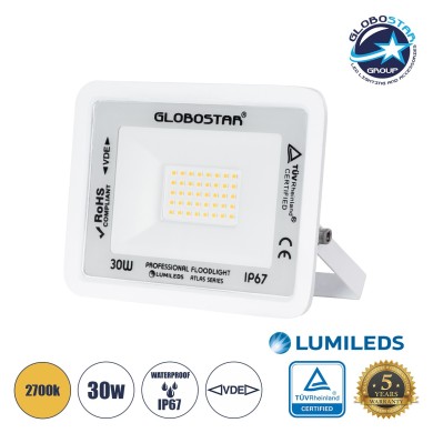 GLOBOSTAR® ATLAS 61415 Προβολέας LED 30W 3450lm 120° AC 220-240V Αδιάβροχο IP67 Θερμό Λευκό 2700K - Lumileds SMD Chip - TÜV Rheinland Certified - Λευκό Ματ - Μ16 x Π2.5 x Υ12.5cm - 5 Χρόνια Εγγύηση