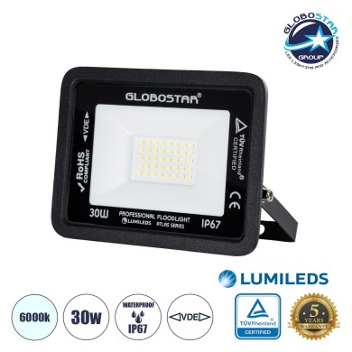 GLOBOSTAR® ATLAS 61416 Προβολέας LED 30W 3750lm 120° AC 220-240V Αδιάβροχο IP67 Ψυχρό Λευκό 6000K - Lumileds SMD Chip - TÜV Rheinland Certified - Μαύρο Ματ - Μ16 x Π2.5 x Υ12.5cm - 5 Χρόνια Εγγύηση