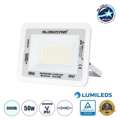 GLOBOSTAR® ATLAS 61419 Προβολέας LED 50W 6250lm 120° AC 220-240V Αδιάβροχο IP67 Ψυχρό Λευκό 6000K - Lumileds SMD Chip - TÜV Rheinland Certified - Λευκό Ματ - Μ21 x Π3.5 x Υ16cm - 5 Χρόνια Εγγύηση