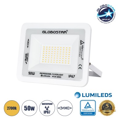 GLOBOSTAR® ATLAS 61421 Προβολέας LED 50W 5750lm 120° AC 220-240V Αδιάβροχο IP67 Θερμό Λευκό 2700K - Lumileds SMD Chip - TÜV Rheinland Certified - Λευκό Ματ - Μ21 x Π3.5 x Υ16cm - 5 Χρόνια Εγγύηση