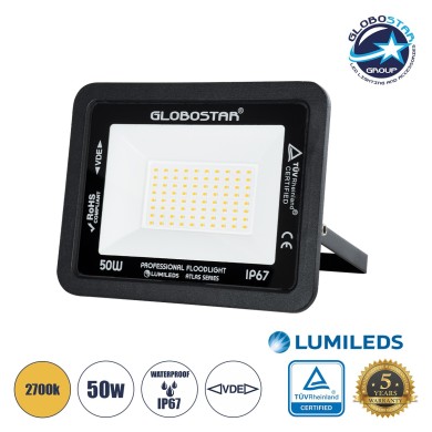 GLOBOSTAR® ATLAS 61424 Προβολέας LED 50W 5750lm 120° AC 220-240V Αδιάβροχο IP67 Θερμό Λευκό 2700K - Lumileds SMD Chip - TÜV Rheinland Certified - Μαύρο Ματ - Μ21 x Π3.5 x Υ16cm - 5 Χρόνια Εγγύηση