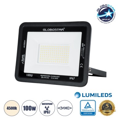 GLOBOSTAR® ATLAS 61426 Προβολέας LED 100W 12000lm 120° AC 220-240V Αδιάβροχο IP67 Φυσικό Λευκό 4500K - Lumileds SMD Chip - TÜV Rheinland Certified - Μαύρο Ματ - Μ27 x Π4 x Υ21cm - 5 Χρόνια Εγγύηση