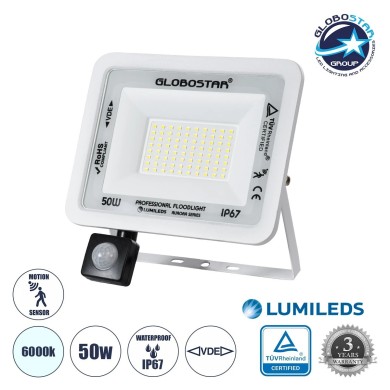 GLOBOSTAR® AURORA 61442 Προβολέας με Ανιχνευτή PIR - Αισθητήρα Κίνησης LED 50W 6250lm 120° AC 220-240V Αδιάβροχο IP67 Ψυχρό Λευκό 6000K - Lumileds SMD Chip - TÜV Rheinland Certified - Λευκό Ματ - Μ21 x Π5 x Υ21cm - 3 Χρόνια Εγγύηση