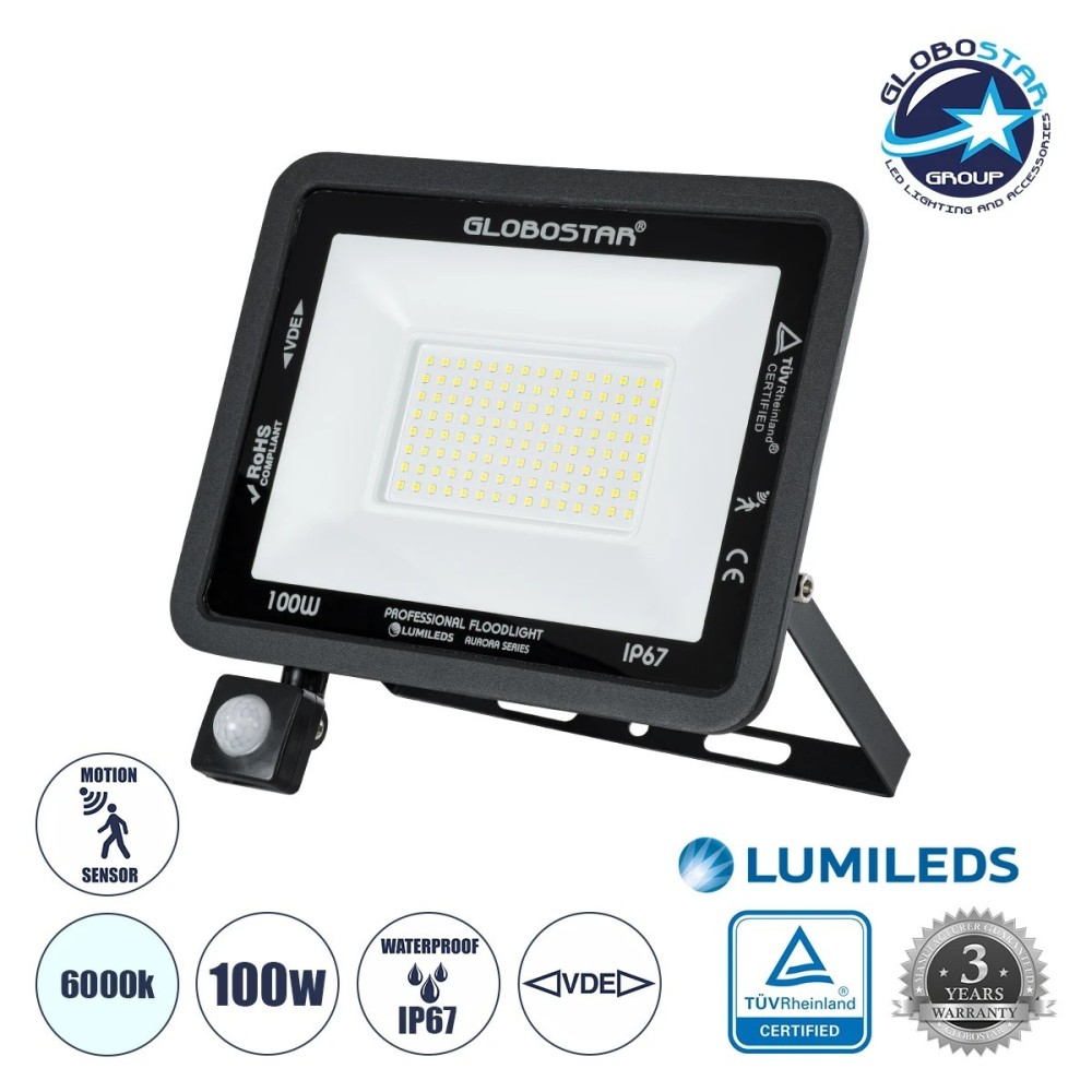 GLOBOSTAR® AURORA 61443 Προβολέας με Ανιχνευτή PIR - Αισθητήρα Κίνησης LED 100W 12500lm 120° AC 220-240V Αδιάβροχο IP67 Ψυχρό Λευκό 6000K - Lumileds SMD Chip - TÜV Rheinland Certified - Μαύρο Ματ - Μ25 x Π6.5 x Υ27.5cm - 3 Χρόνια Εγγύηση