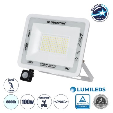 GLOBOSTAR® AURORA 61444 Προβολέας με Ανιχνευτή PIR - Αισθητήρα Κίνησης LED 100W 12500lm 120° AC 220-240V Αδιάβροχο IP67 Ψυχρό Λευκό 6000K - Lumileds SMD Chip - TÜV Rheinland Certified - Λευκό Ματ - Μ25 x Π6.5 x Υ27.5cm - 3 Χρόνια Εγγύηση