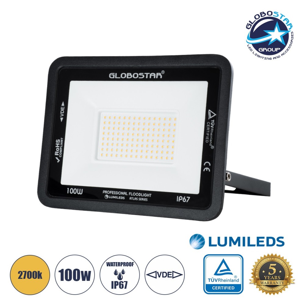 GLOBOSTAR® ATLAS 61427 Προβολέας LED 100W 11500lm 120° AC 220-240V Αδιάβροχο IP67 Θερμό Λευκό 2700K - Lumileds SMD Chip - TÜV Rheinland Certified - Μαύρο Ματ - Μ27 x Π4 x Υ21cm - 5 Χρόνια Εγγύηση