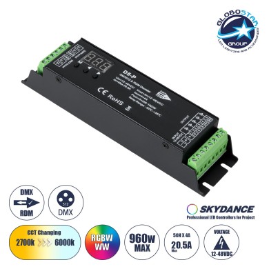 GloboStar® 71445 D5-P SKYDANCE DC DMX & RDM Dimmer High Speed Controller - Decoder 5 Καναλιών DC 12-48V 5 x 4A 192W - Max 20.5A 960W - IP20 Μ17.5 x Π4.5 x Υ3.5cm - 5 Years Warranty