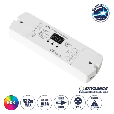 GloboStar® 71447 D3-L SKYDANCE DC DMX & RDM Dimmer High Speed Controller - Decoder 3 Καναλιών DC 12-24V 3 x 6A 144W - Max 18.5A 432W - IP20 Μ17 x Π5 x Υ2.5cm - 5 Years Warranty