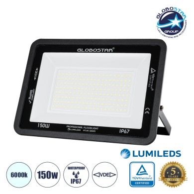GLOBOSTAR® ATLAS 61428 Προβολέας LED 150W 18750lm 120° AC 220-240V Αδιάβροχο IP67 Ψυχρό Λευκό 6000K - Lumileds SMD Chip - TÜV Rheinland Certified - Μαύρο Ματ - Μ32 x Π4 x Υ23cm - 5 Χρόνια Εγγύηση