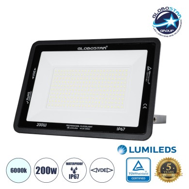 GLOBOSTAR® ATLAS 61431 Προβολέας LED 200W 25000lm 120° AC 220-240V Αδιάβροχο IP67 Ψυχρό Λευκό 6000K - Lumileds SMD Chip - TÜV Rheinland Certified - Μαύρο Ματ - Μ38 x Π4 x Υ28cm - 5 Χρόνια Εγγύηση