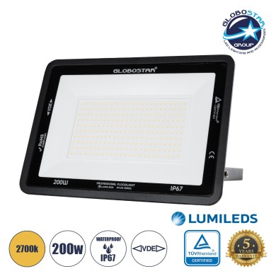 GLOBOSTAR® ATLAS 61433 Προβολέας LED 200W 23000lm 120° AC 220-240V Αδιάβροχο IP67 Θερμό Λευκό 2700K - Lumileds SMD Chip - TÜV Rheinland Certified - Μαύρο Ματ - Μ38 x Π4 x Υ28cm - 5 Χρόνια Εγγύηση