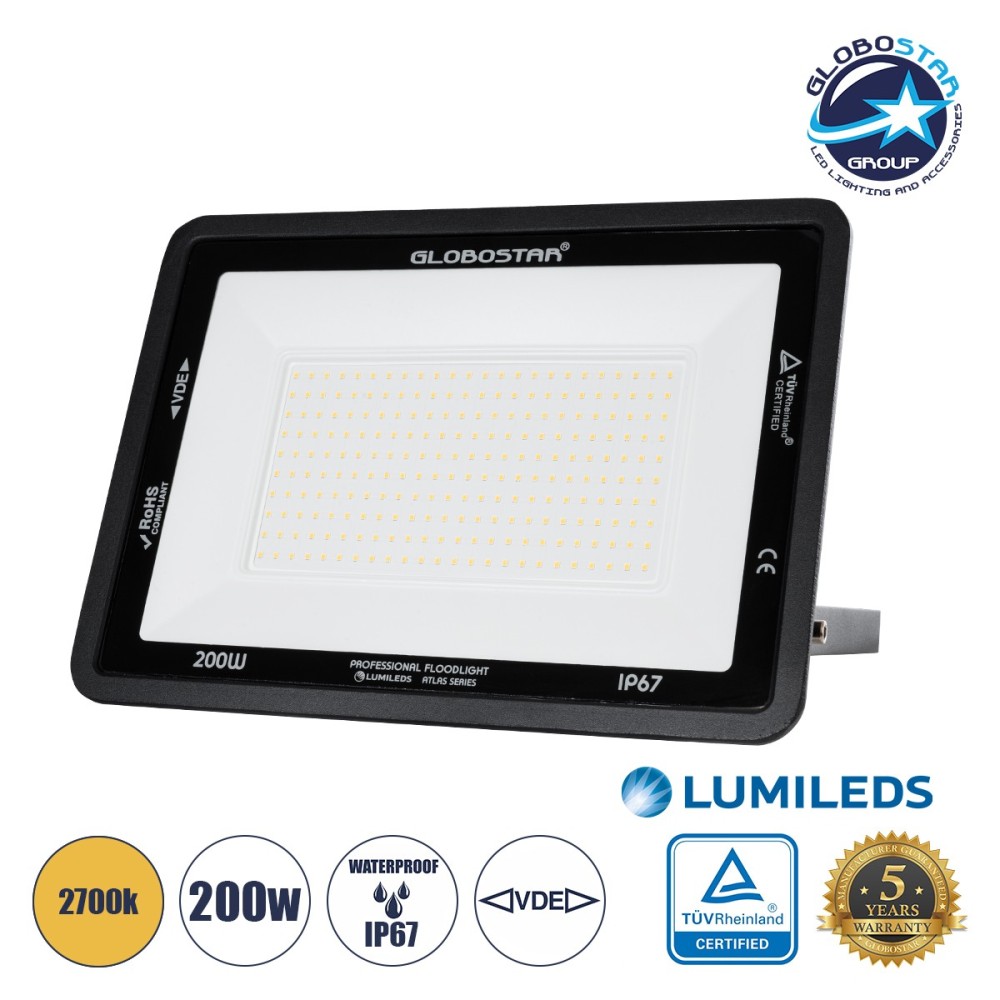 GLOBOSTAR® ATLAS 61433 Προβολέας LED 200W 23000lm 120° AC 220-240V Αδιάβροχο IP67 Θερμό Λευκό 2700K - Lumileds SMD Chip - TÜV Rheinland Certified - Μαύρο Ματ - Μ38 x Π4 x Υ28cm - 5 Χρόνια Εγγύηση