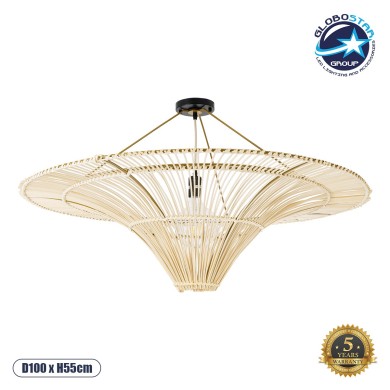 GLOBOSTAR® PALERMO 02153 Boho Φωτιστικό Οροφής με Ντουί 1 x E27 AC 220-240V IP20 - Μπεζ - Μ100 x Π100 x Υ55cm