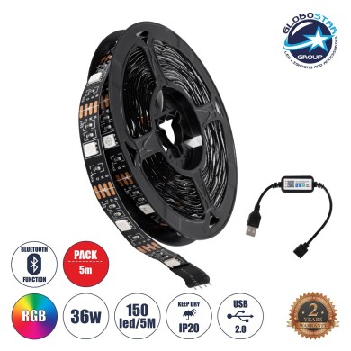 GLOBOSTAR® 90759 Σετ RGB Ταινίας με Λειτουργία μέσω WiFi APP LED 36W-5m 2880lm-m 120° DC 5V με USB 2.0 IP20 150 x SMD 5050 Chip-5m  Πολύχρωμο RGB Dimmable - Μ500 x Π1 x Υ0.2cm - Ρολό 5 Μέτρων - 5 Χρόνια Εγγύηση