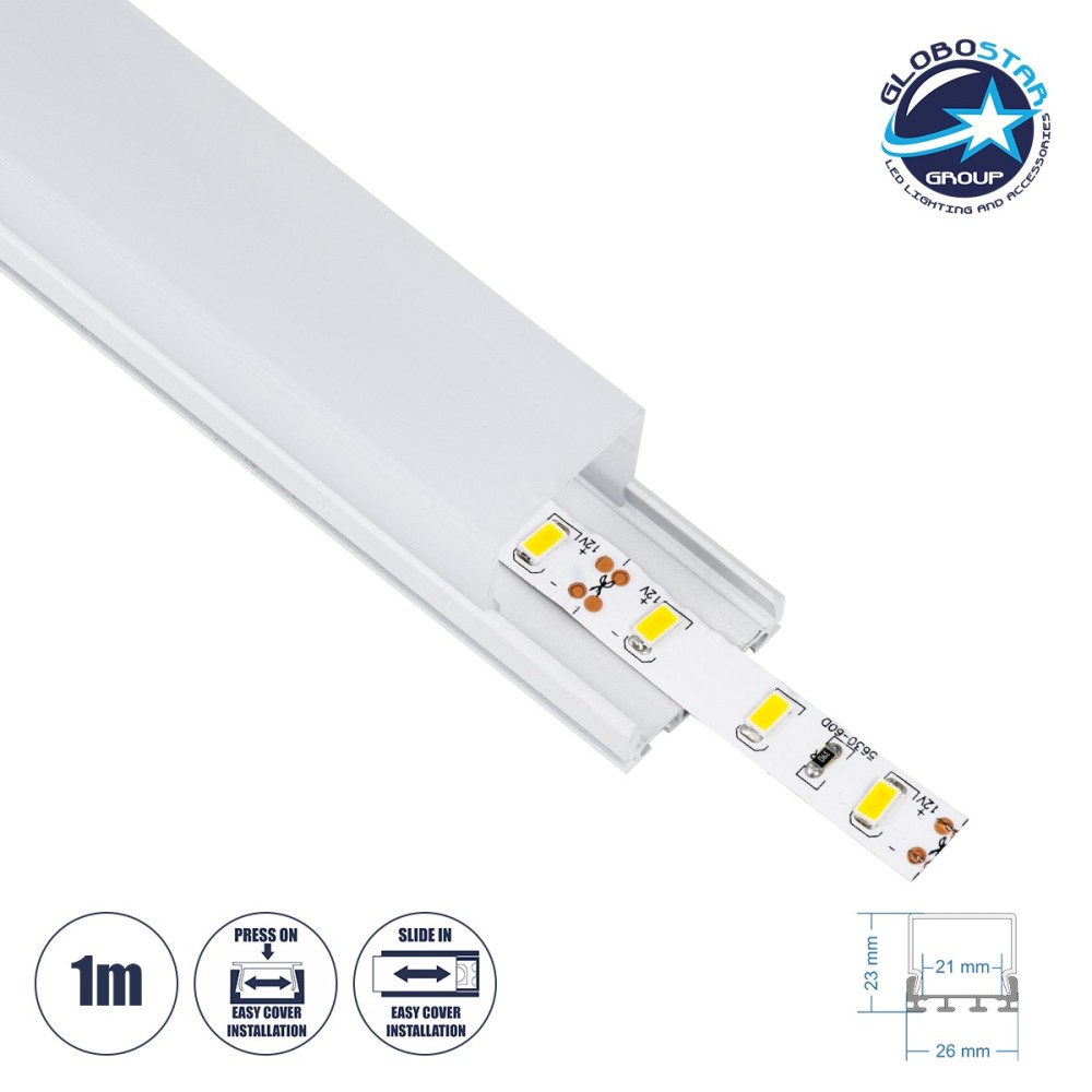 GloboStar® SURFACEPENDANT-PROFILE 70848-1M Προφίλ Αλουμινίου - Βάση & Ψύκτρα Ταινίας LED με Λευκό Γαλακτερό Κάλυμμα - Επιφανειακή & Κρεμαστή Χρήση - Πατητό Κάλυμμα - Λευκό - 1 Μέτρο - Μ100 x Π2.6 x Υ2.3cm