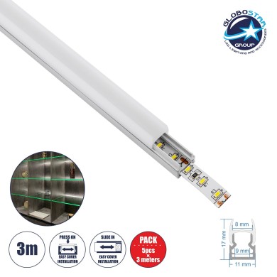 GloboStar® GLASSBOARD-PROFILE 70808-3M Προφίλ Αλουμινίου - Βάση & Ψύκτρα Ταινίας LED με Λευκό Γαλακτερό Κάλυμμα - Χρήση για Μοριακό Φωτισμό Γυαλιού Πάχους 8mm - Πατητό Κάλυμμα - Ασημί - 3 Μέτρα - Πακέτο 5 Τεμαχίων - Μ300 x Π1.1 x Υ1.7cm