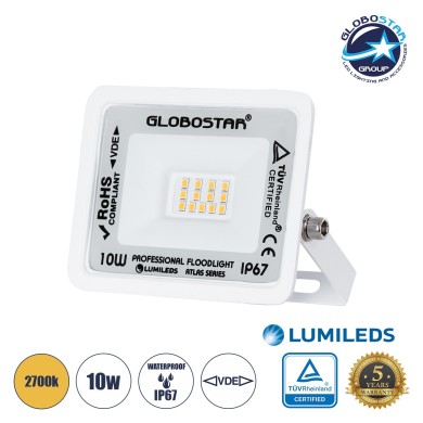 GLOBOSTAR® ATLAS 61406 Προβολέας LED 10W 1150lm 120° AC 220-240V Αδιάβροχο IP67 Θερμό Λευκό 2700K - Lumileds SMD Chip - TÜV Rheinland Certified - Λευκό Ματ - Μ10 x Π2 x Υ8cm - 5 Χρόνια Εγγύηση