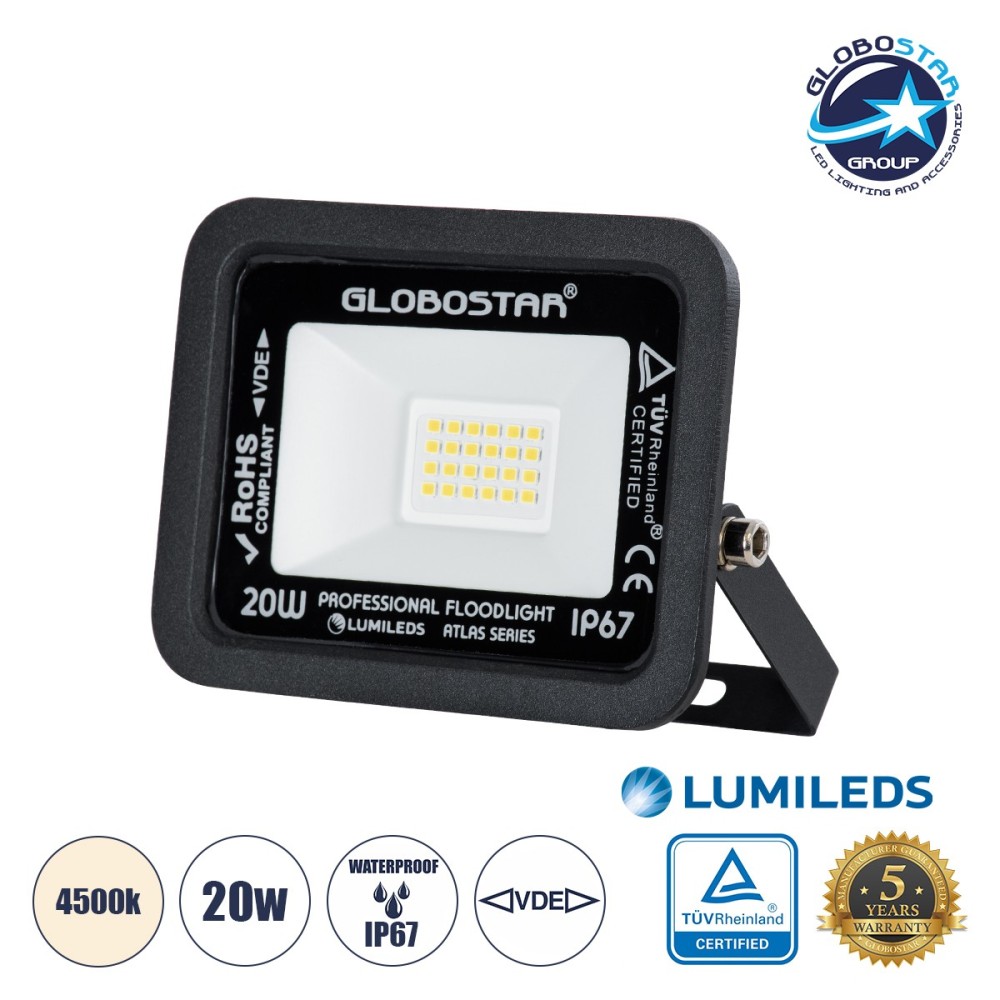 GLOBOSTAR® ATLAS 61411 Προβολέας LED 20W 2400lm 120° AC 220-240V Αδιάβροχο IP67 Φυσικό Λευκό 4500K - Lumileds SMD Chip - TÜV Rheinland Certified - Μαύρο Ματ - Μ12 x Π2.5 x Υ9.5cm - 5 Χρόνια Εγγύηση