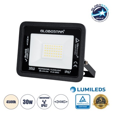 GLOBOSTAR® ATLAS 61417 Προβολέας LED 30W 3600lm 120° AC 220-240V Αδιάβροχο IP67 Φυσικό Λευκό 4500K - Lumileds SMD Chip - TÜV Rheinland Certified - Μαύρο Ματ - Μ16 x Π2.5 x Υ12.5cm - 5 Χρόνια Εγγύηση