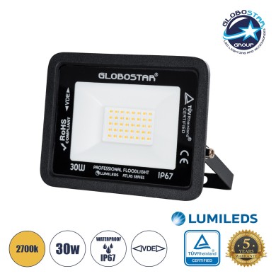 GLOBOSTAR® ATLAS 61418 Προβολέας LED 30W 3450lm 120° AC 220-240V Αδιάβροχο IP67 Θερμό Λευκό 2700K - Lumileds SMD Chip - TÜV Rheinland Certified - Μαύρο Ματ - Μ16 x Π2.5 x Υ12.5cm - 5 Χρόνια Εγγύηση