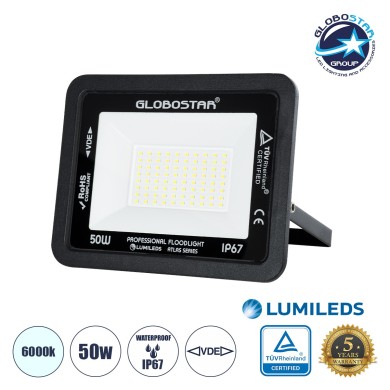 GLOBOSTAR® ATLAS 61422 Προβολέας LED 50W 6250lm 120° AC 220-240V Αδιάβροχο IP67 Ψυχρό Λευκό 6000K - Lumileds SMD Chip - TÜV Rheinland Certified - Μαύρο Ματ - Μ21 x Π3.5 x Υ16cm - 5 Χρόνια Εγγύηση
