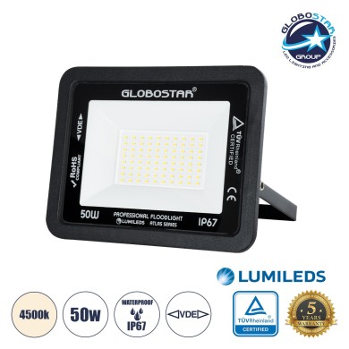 GLOBOSTAR® ATLAS 61423 Προβολέας LED 50W 6000lm 120° AC 220-240V Αδιάβροχο IP67 Φυσικό Λευκό 4500K - Lumileds SMD Chip - TÜV Rheinland Certified - Μαύρο Ματ - Μ21 x Π3.5 x Υ16cm - 5 Χρόνια Εγγύηση