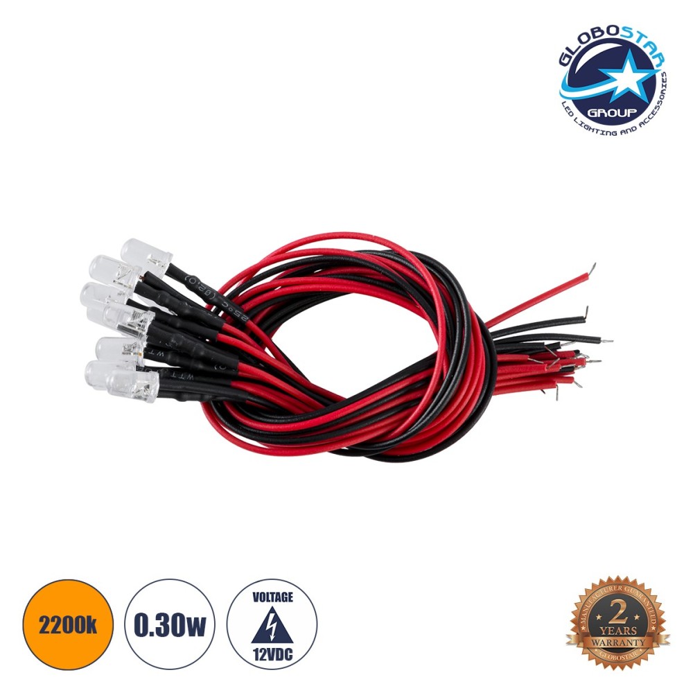 GloboStar® DIODE-LED 73735 Χαμηλής Ισχύος Δίοδος LED 0.3W DC 12V - Φ0.5 x Υ1cm - Ultra Θερμό Λευκό 2200K - Dimmable - Συσκευασία 10 Τεμαχίων - 2 Χρόνια Εγγύηση