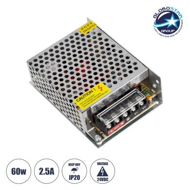 GLOBOSTAR® LUMIVOLT 73042 Τροφοδοτικό-Μετασχηματιστής PELV 60W 2.5A DC 24V IP20 - AC 220-240V σε DC 24V - Ρυθμιζόμενo από DC 22.5V έως DC 25.5V - Μ11 x Π7.8 x Υ3.8cm - 3 Χρόνια Εγγύηση