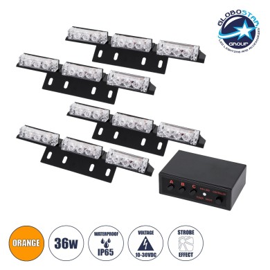 GloboStar® 85015 PRO Series ΣΕΤ 4 x Μπάρες Σήμανσης Οχήματος Οδικής Βοήθειας για Αυτοκίνητα & Φορτηγά 3 Προγραμμάτων Φωτισμού STROBE LED HIGH POWER 36W DC 10-30V Αδιάβροχο IP65 Πορτοκαλί Μ18 x Π4.5 x Υ3cm - 2 Χρόνια Εγγύηση